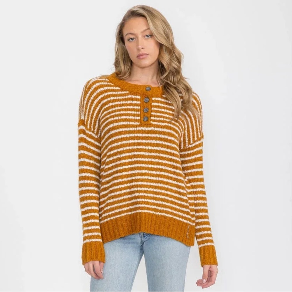 American Eagle Legging Fit Gold/Brown Striped Henley Sweater M